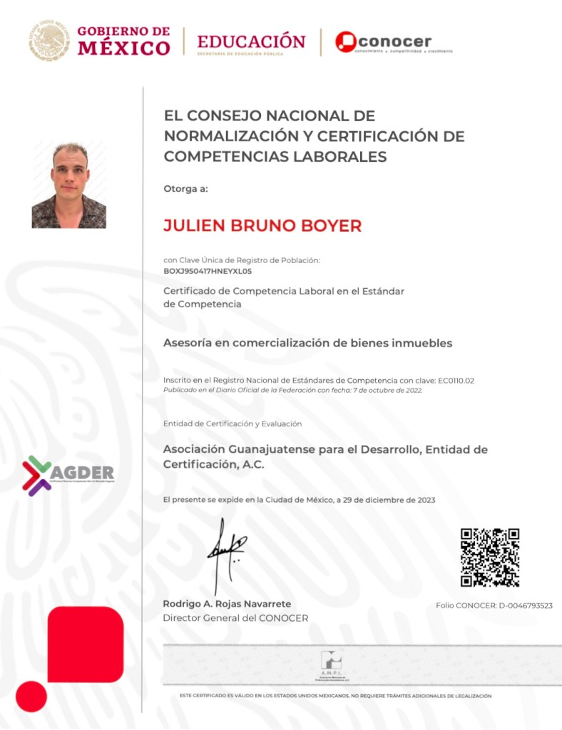 Certification CONOCER Julien Agent immobilier